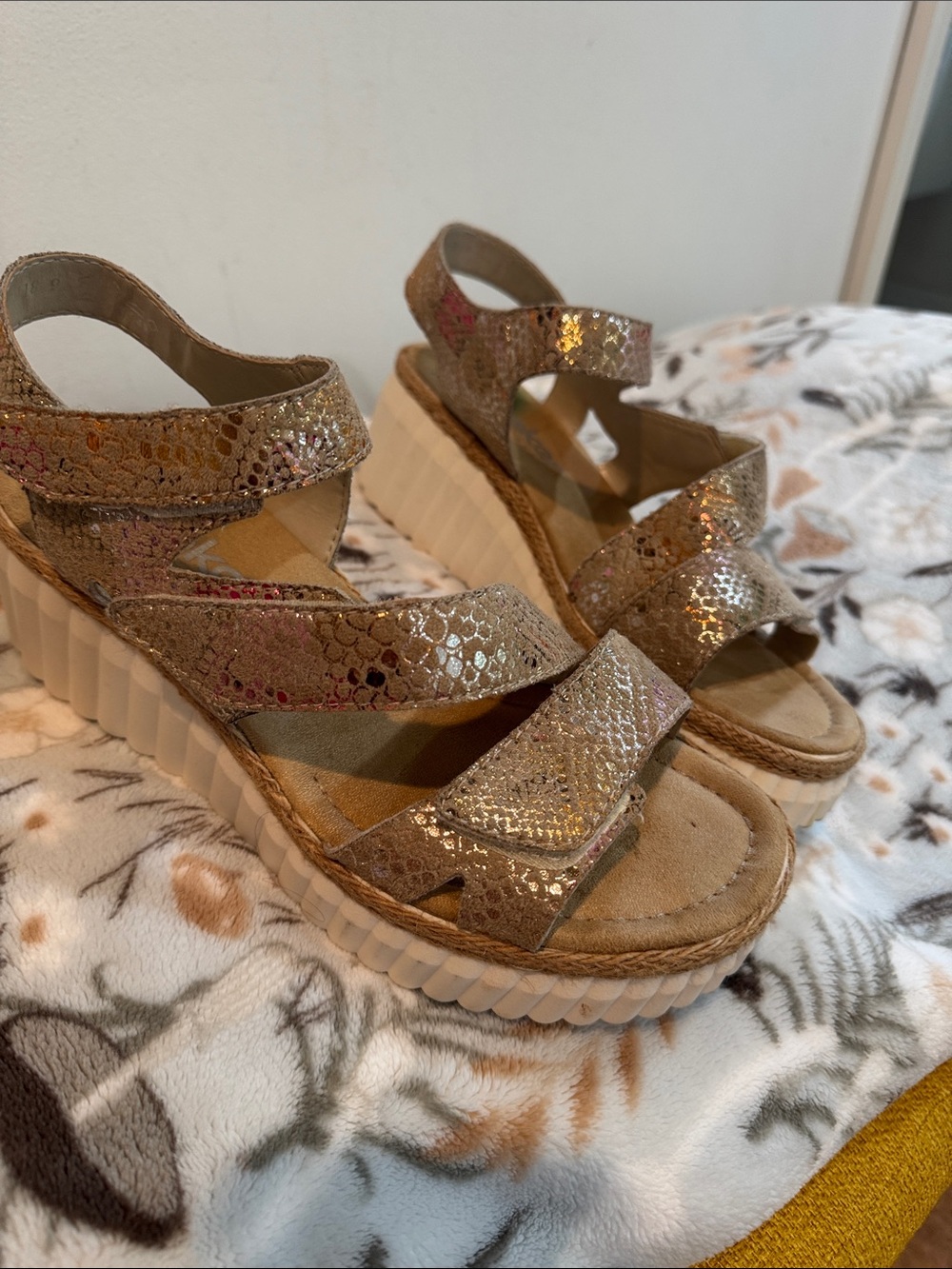 Rieker Metallic Taupe Textured Wedge Sandals